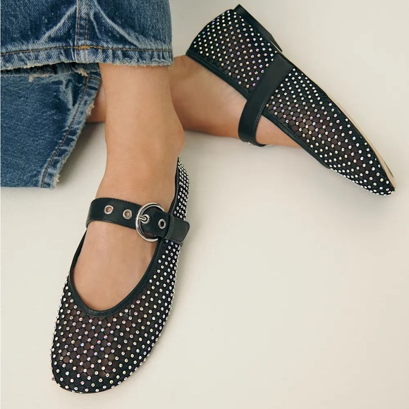 Reformation Shoes - NWOT Reformation Bethany Black Rhinestone Mesh Ballet Flats